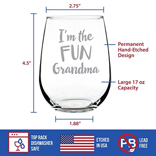 Fun Grandma – Cute Funny Stemless Wine Glass, Large 17 Ounce Size, Etched Sayings, Gift Box