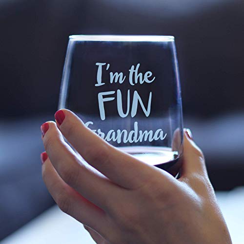 Fun Grandma – Cute Funny Stemless Wine Glass, Large 17 Ounce Size, Etched Sayings, Gift Box