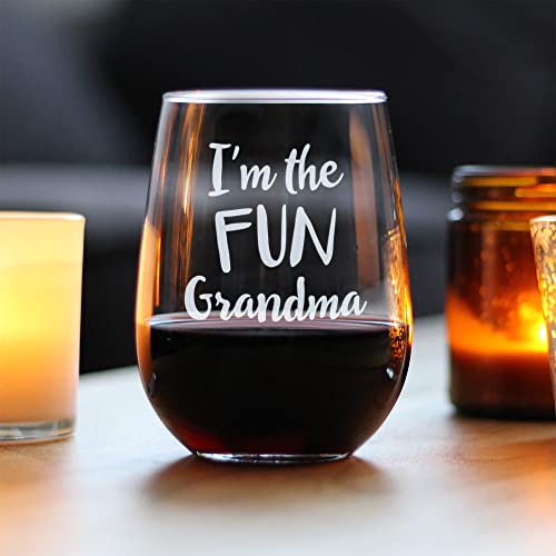 Fun Grandma – Cute Funny Stemless Wine Glass, Large 17 Ounce Size, Etched Sayings, Gift Box