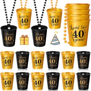 12 pieces 30th 40th 50th 60th 70th shot glasses necklace birthday plastic shot glass on beaded necklace shot cups for birthday party anniversary supplies, gold and black (40th)