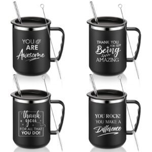 sumind 6 pcs thank you employee appreciation gifts bulk 17 oz inspirational stainless steel coffee mugs with handle lid straw for staff employee coworker teacher gifts(black, 4 pcs)