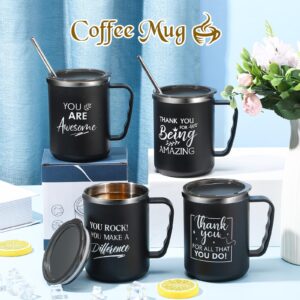 Sumind 6 Pcs Thank You Employee Appreciation Gifts Bulk 17 oz Inspirational Stainless Steel Coffee Mugs with Handle Lid Straw for Staff Employee Coworker Teacher Gifts(Black, 4 Pcs)