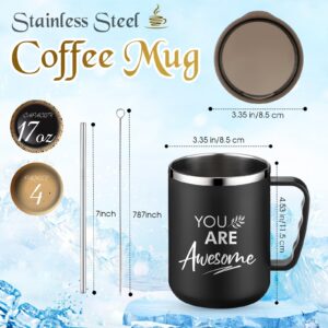Sumind 6 Pcs Thank You Employee Appreciation Gifts Bulk 17 oz Inspirational Stainless Steel Coffee Mugs with Handle Lid Straw for Staff Employee Coworker Teacher Gifts(Black, 4 Pcs)