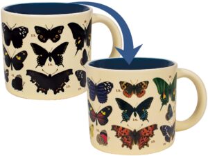 the unemployed philosophers guild butterfly color changing heat transforming mug - hot coffee reveals 18 butterflies in beautiful colorful detail, comes in a fun box, 14oz.