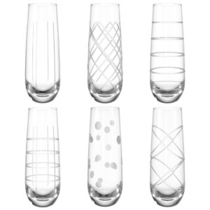fifth avenue crystal medallion stemless champagne flutes, durable glass, mimosa, cocktail glasses set, prosecco wine flute, bar glassware, toasting wedding glasses, set of 6, etched patterns, 9.5oz