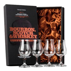whiskey, scotch, bourbon tasting glasses | set of 4 crystal snifters | professional 4 oz tulip shaped nosing copitas with short stem | small stemmed gift sniffers for sipping neat liquor
