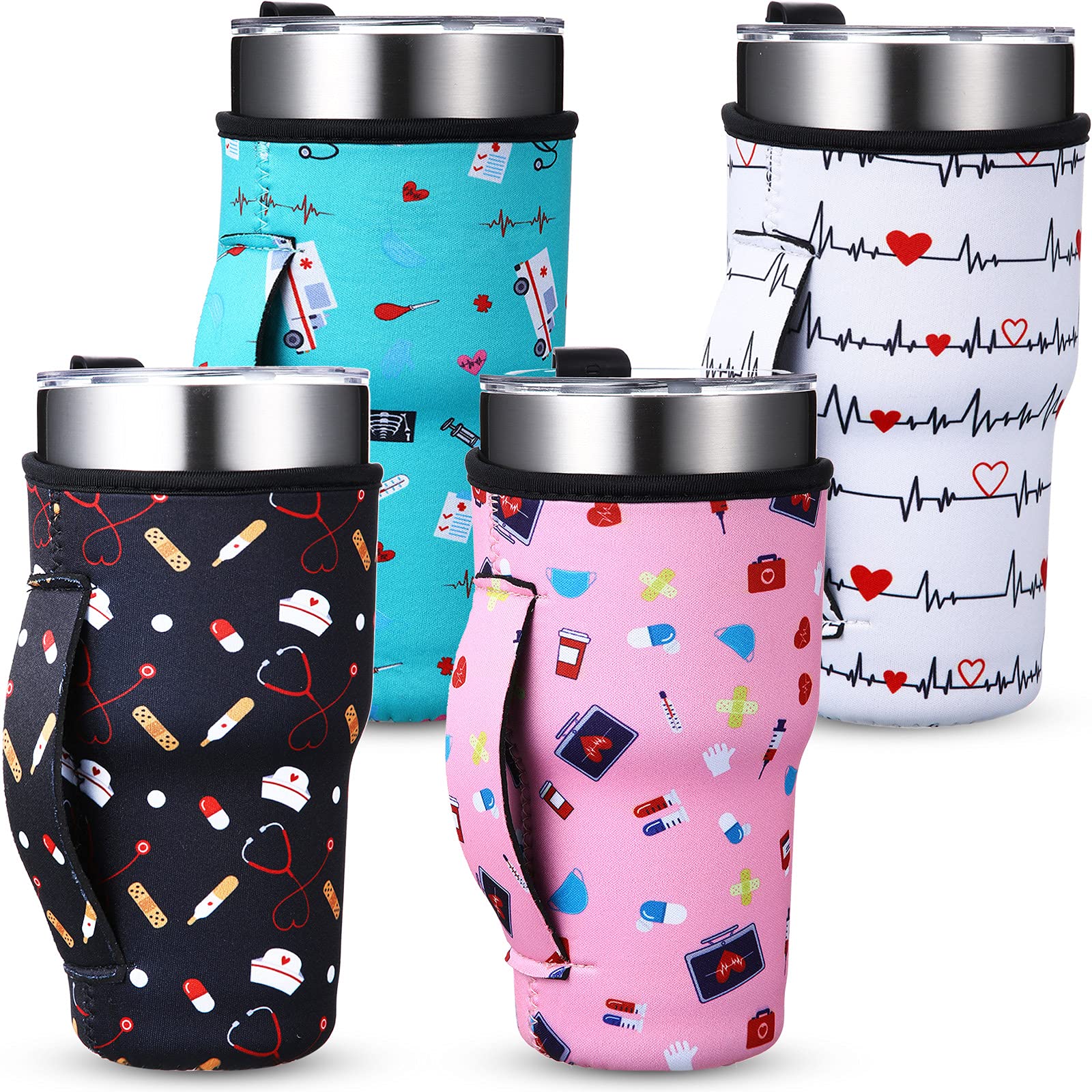 CHENGU 4 Pieces Nursing Gifts Reusable Sleeves Cup Cover Holder Tumbler Cup Drinks Sleeve with Handle for Nurse Birthday Christmas, Neoprene Insulated for 30 oz Cold Hot Beverages (Cute Style)