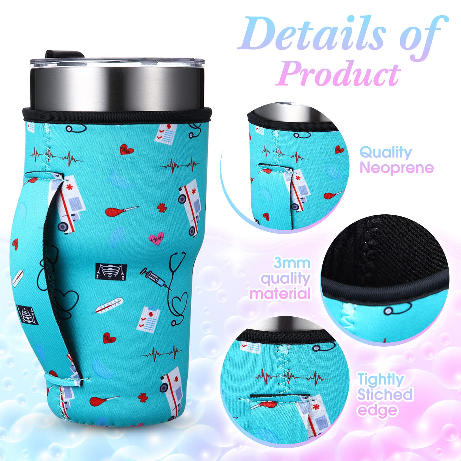 CHENGU 4 Pieces Nursing Gifts Reusable Sleeves Cup Cover Holder Tumbler Cup Drinks Sleeve with Handle for Nurse Birthday Christmas, Neoprene Insulated for 30 oz Cold Hot Beverages (Cute Style)