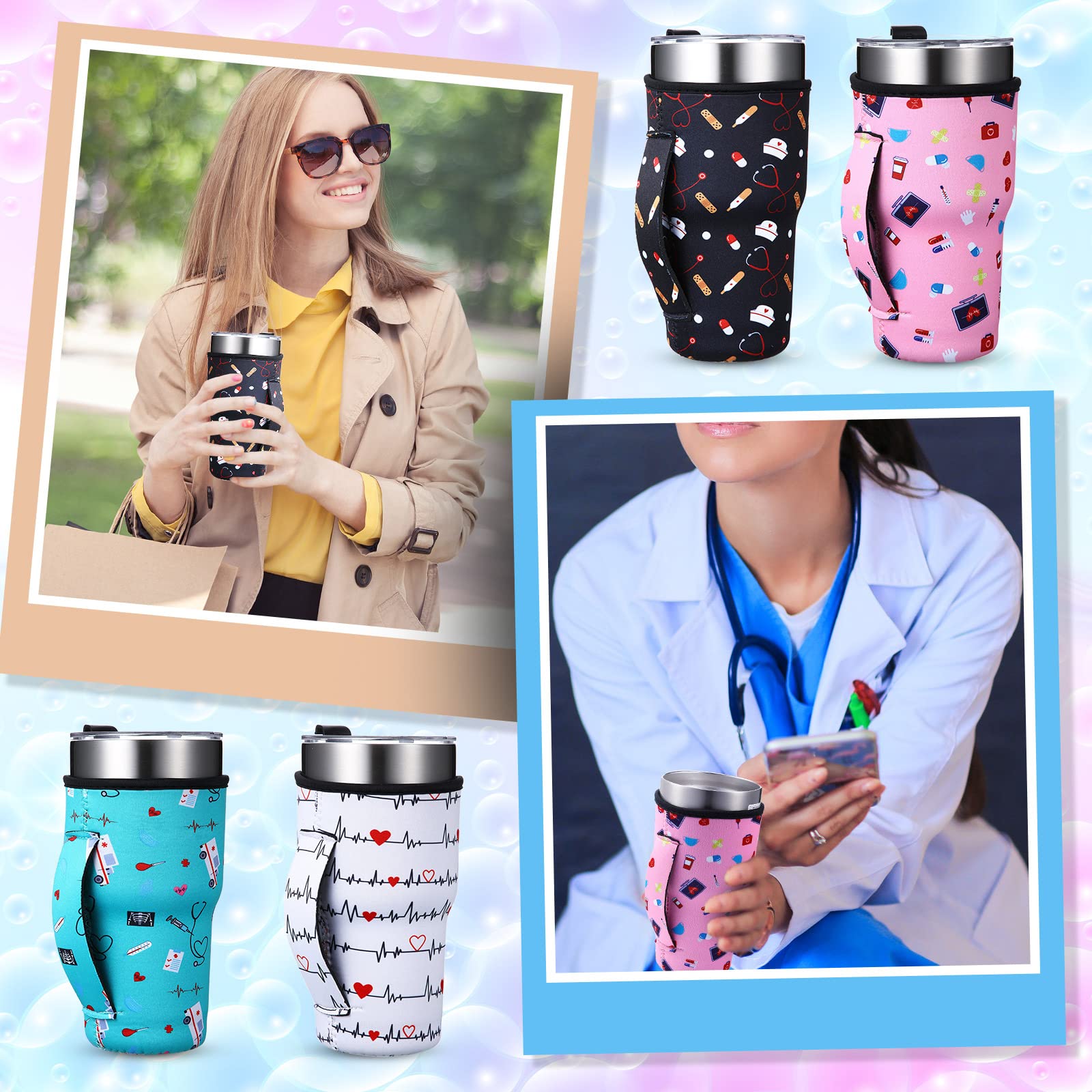 CHENGU 4 Pieces Nursing Gifts Reusable Sleeves Cup Cover Holder Tumbler Cup Drinks Sleeve with Handle for Nurse Birthday Christmas, Neoprene Insulated for 30 oz Cold Hot Beverages (Cute Style)