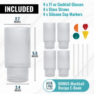 Ökabode POURMOI Tall Ribbed Glassware 4 Pack 11oz With Glass Straws and Drink Markers, Thick Vintage Glassware Ribbed Drinking Glasses | Cocktail Glasses | Iced Coffee Glasses Ribbed Highball Glasses