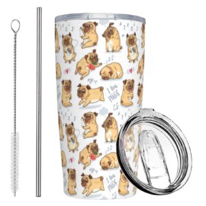 pug tumbler pug gift for pug lovers, dog cup with lid and straw, 20 oz stainless steel insulated bottle coffee mug