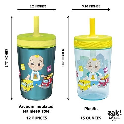 Zak Designs CoComelon Kelso Tumbler Set, Leak-Proof Screw-On Lid with Straw, Bundle for Kids Includes Plastic and Stainless Steel Cups with Bonus Sipper (3pc Set, Non-BPA), 15 fluid ounces