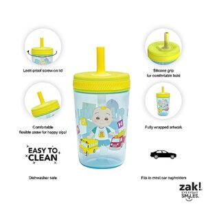 Zak Designs CoComelon Kelso Tumbler Set, Leak-Proof Screw-On Lid with Straw, Bundle for Kids Includes Plastic and Stainless Steel Cups with Bonus Sipper (3pc Set, Non-BPA), 15 fluid ounces