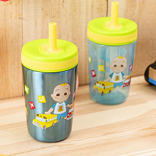 Zak Designs CoComelon Kelso Tumbler Set, Leak-Proof Screw-On Lid with Straw, Bundle for Kids Includes Plastic and Stainless Steel Cups with Bonus Sipper (3pc Set, Non-BPA), 15 fluid ounces