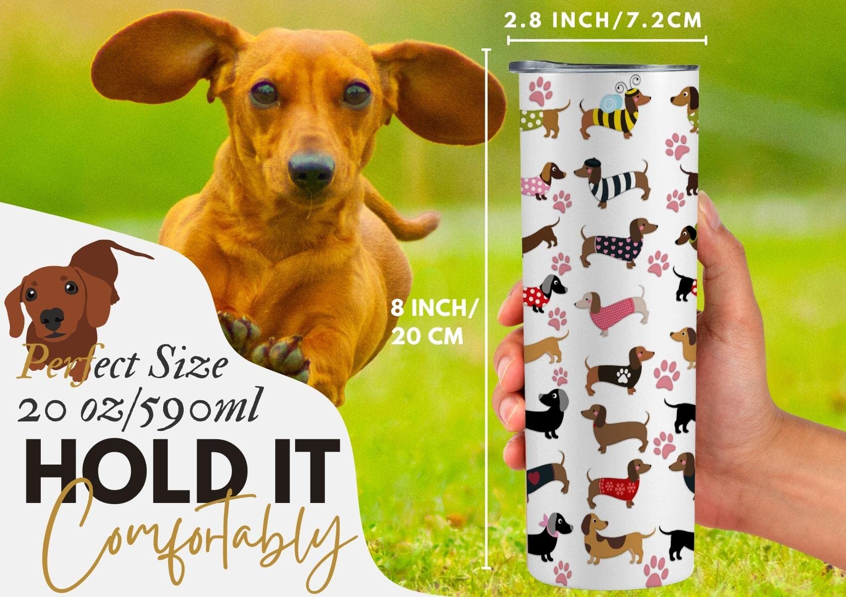 Onebttl Dachshund Gifts, Dachshund 5D Seamless Pattern, Gifts for Wiener Dog Lovers, Women, Girls, Friends, Daughters, Coworkers, Stainless Steel Tumbler 20Oz, White