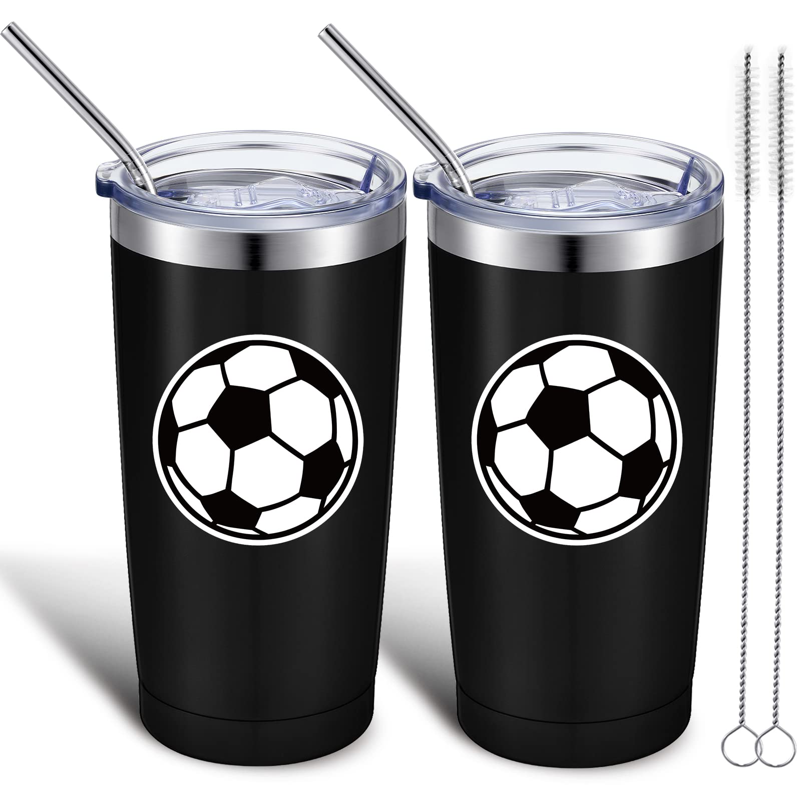 Geiserailie 2 Pieces Sport Gifts 20 oz Tumbler Cups Coffee Mug 20 oz Stainless Steel Insulated Tumbler With Straw and Lid Travel Coffee Mug Gift for Women Men Mom Gift for Sports Lover (Soccer)