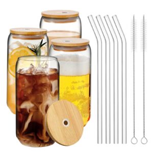ymqahwy 4pcs set drinking glasses with bamboo lids and glass straw, 16oz can shaped glass cups, beer glasses, iced coffee cups, glass tumbler include 2 cleaning brushes, great for cocktail,gifts