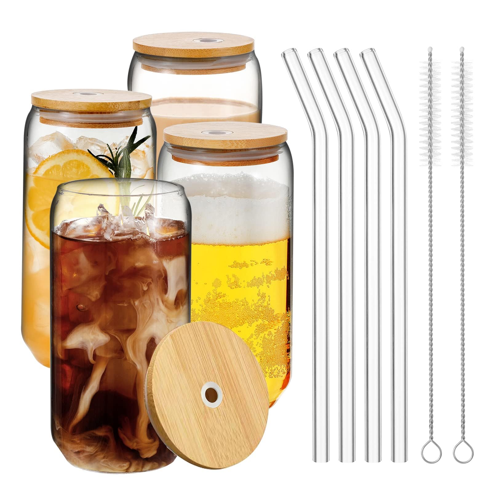 YMQAHWY 4Pcs Set Drinking Glasses with Bamboo Lids and Glass Straw, 16oz Can Shaped Glass Cups, Beer Glasses, Iced Coffee Cups, Glass Tumbler Include 2 Cleaning Brushes, Great for Cocktail,Gifts