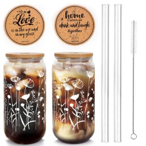 anotion wildflower glass cups with lids and straws, iced coffee cup beer can shaped glass 20 oz glass coffee cups reusable drinking glasses tumbler gift for women sister mom