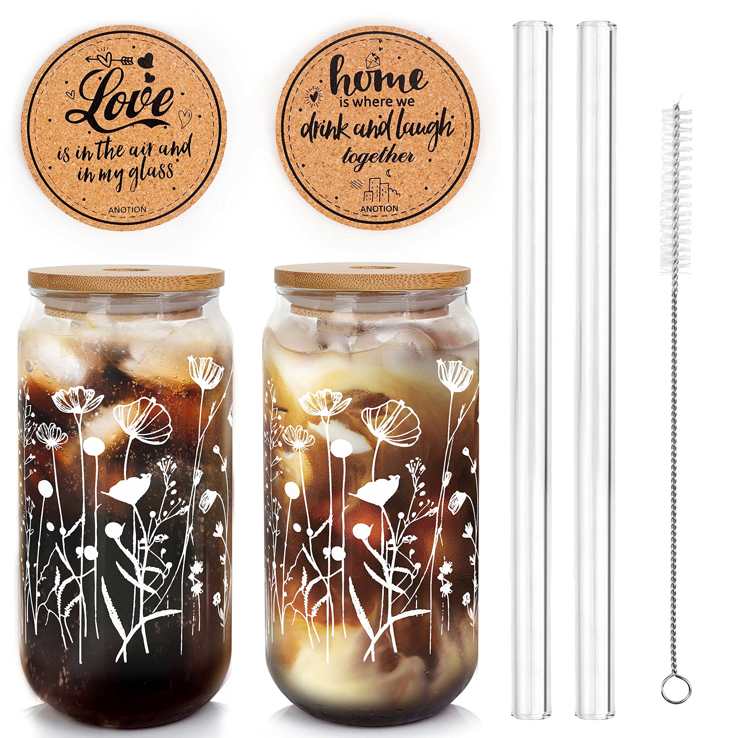 ANOTION Wildflower Glass Cups With Lids and Straws, Iced Coffee Cup Beer Can Shaped Glass 20 Oz Glass Coffee Cups Reusable Drinking Glasses Tumbler Gift for Women Sister Mom