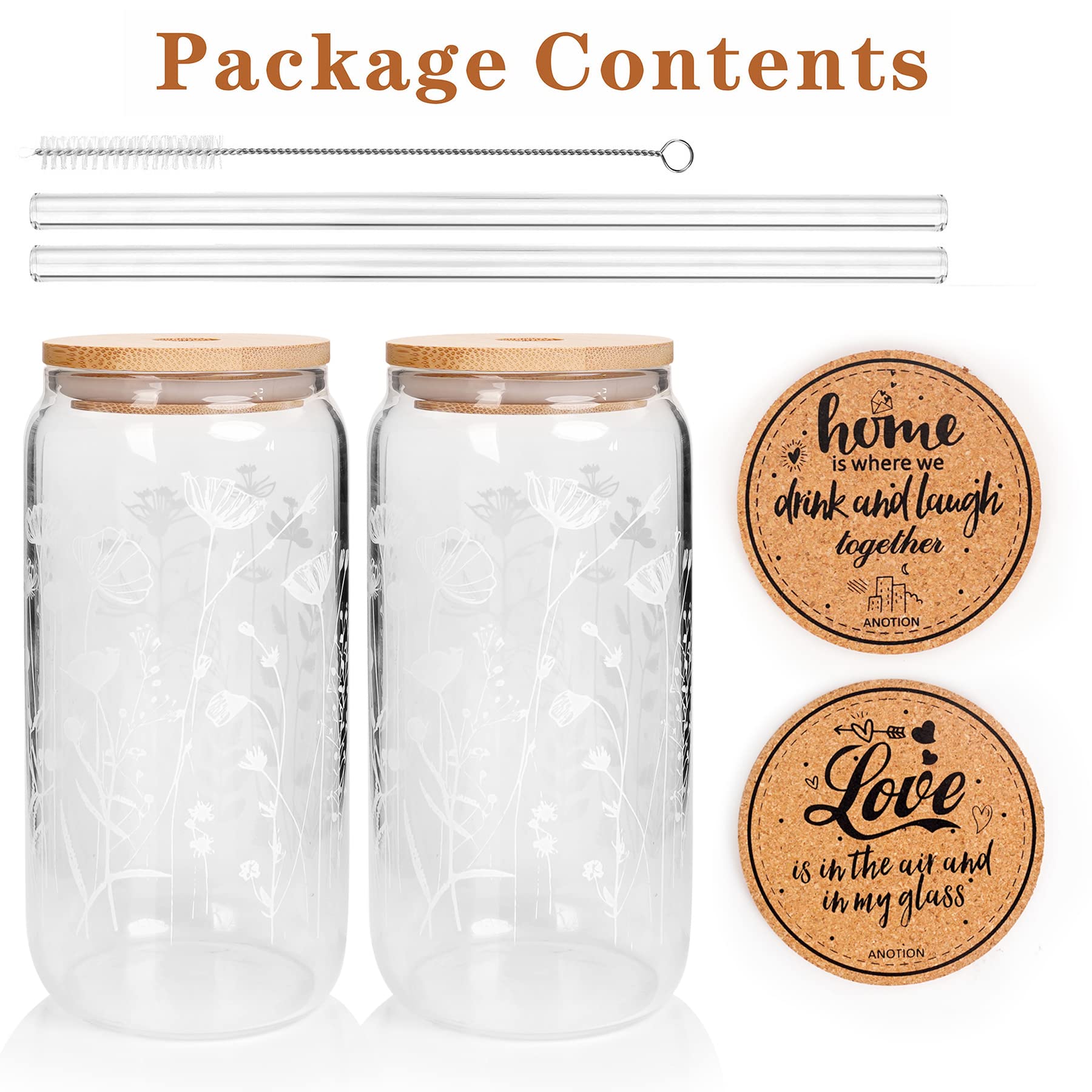 ANOTION Wildflower Glass Cups With Lids and Straws, Iced Coffee Cup Beer Can Shaped Glass 20 Oz Glass Coffee Cups Reusable Drinking Glasses Tumbler Gift for Women Sister Mom