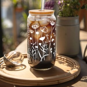 ANOTION Wildflower Glass Cups With Lids and Straws, Iced Coffee Cup Beer Can Shaped Glass 20 Oz Glass Coffee Cups Reusable Drinking Glasses Tumbler Gift for Women Sister Mom