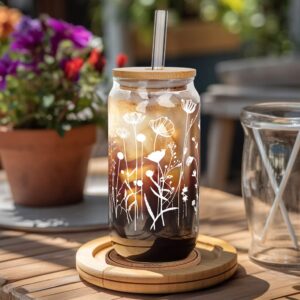 ANOTION Wildflower Glass Cups With Lids and Straws, Iced Coffee Cup Beer Can Shaped Glass 20 Oz Glass Coffee Cups Reusable Drinking Glasses Tumbler Gift for Women Sister Mom