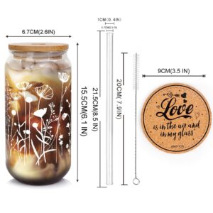 ANOTION Wildflower Glass Cups With Lids and Straws, Iced Coffee Cup Beer Can Shaped Glass 20 Oz Glass Coffee Cups Reusable Drinking Glasses Tumbler Gift for Women Sister Mom