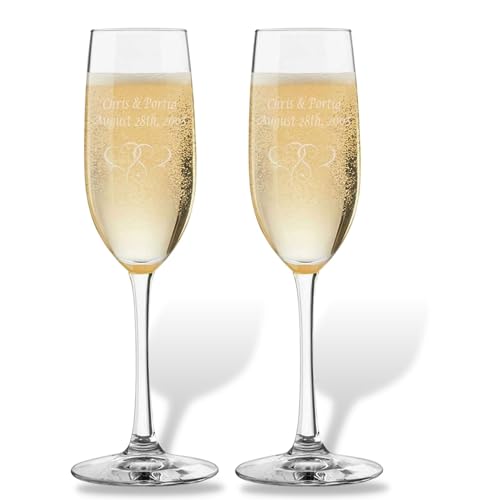 CKB Products Personalized Champagne Flutes Set of 2, Wedding Gifts for Bride and Groom with Couple's Names and Date, Interlaced Hearts, Customized Champagne Flutes, Modern Toasting Glasses