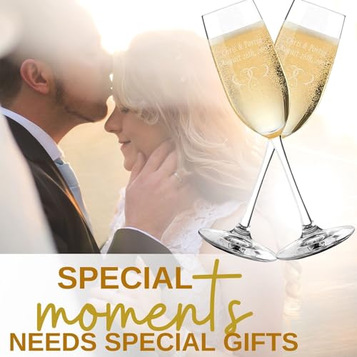 CKB Products Personalized Champagne Flutes Set of 2, Wedding Gifts for Bride and Groom with Couple's Names and Date, Interlaced Hearts, Customized Champagne Flutes, Modern Toasting Glasses