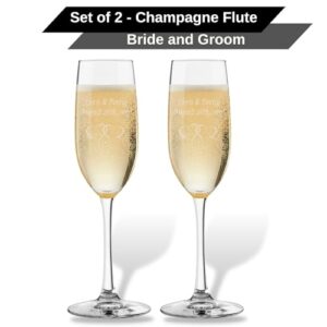 CKB Products Personalized Champagne Flutes Set of 2, Wedding Gifts for Bride and Groom with Couple's Names and Date, Interlaced Hearts, Customized Champagne Flutes, Modern Toasting Glasses