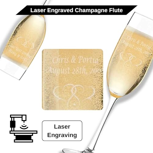 CKB Products Personalized Champagne Flutes Set of 2, Wedding Gifts for Bride and Groom with Couple's Names and Date, Interlaced Hearts, Customized Champagne Flutes, Modern Toasting Glasses