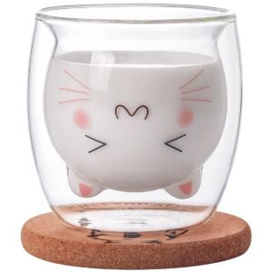 bgbg cute coffee mug cat tea cup milk double wall clear insulated glass espresso mug with coaster interesting gift for you