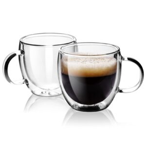 stylusella double wall glass espresso cups 5oz/150ml, a set of 2, thermo insulated borosilicate glass cups with handle