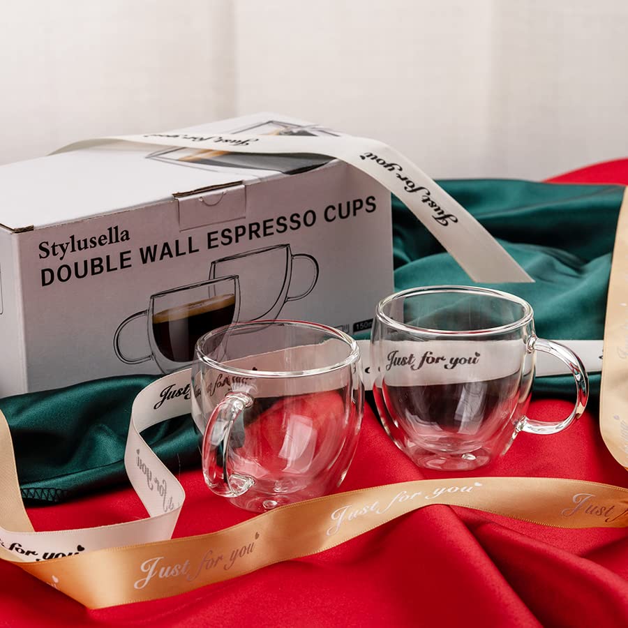 Stylusella Double Wall Glass Espresso Cups 5oz/150ml, A set of 2, Thermo Insulated Borosilicate Glass Cups with Handle