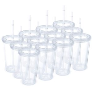 12 pack clear insulated tumblers, plastic tumbler cups, double wall tumblers, 16oz acrylic insulated tumbler cups with lid and reusable straw