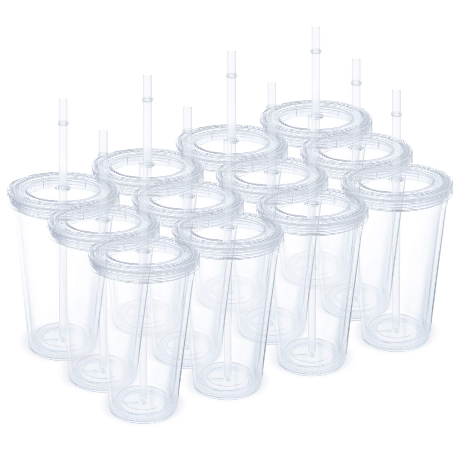 12 Pack Clear Insulated Tumblers, Plastic Tumbler Cups, Double Wall Tumblers, 16Oz Acrylic Insulated Tumbler Cups with Lid and Reusable Straw