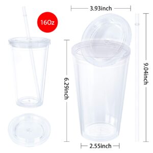 12 Pack Clear Insulated Tumblers, Plastic Tumbler Cups, Double Wall Tumblers, 16Oz Acrylic Insulated Tumbler Cups with Lid and Reusable Straw