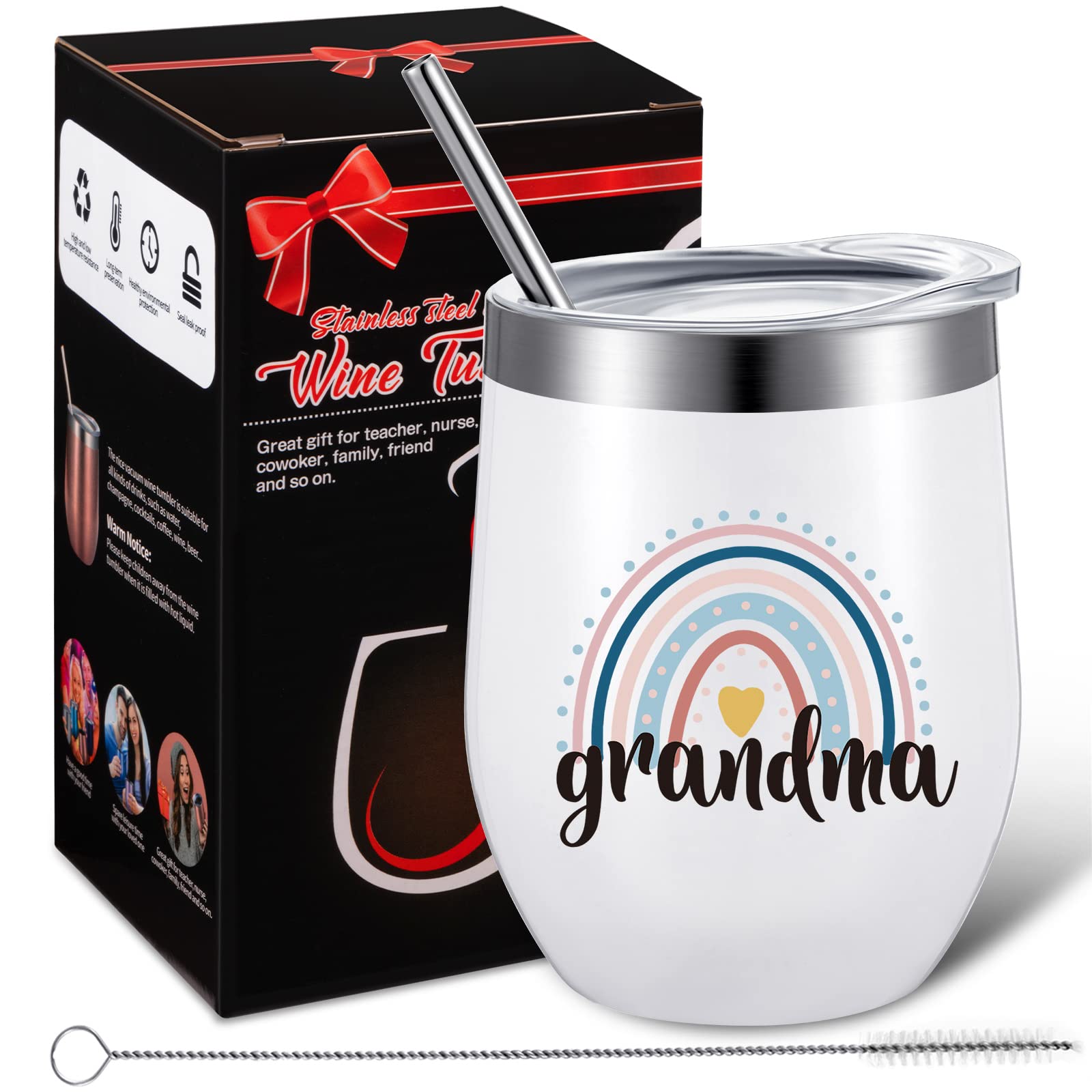 Grandma's Sippy Cup Gift for Mother's Day, Thank You Gift for Grandma Grandmother New Grandma, Birthday Gifts from Granddaughter, Grandson, 12 oz Insulated Stainless Steel Wine Tumbler (Rainbow)