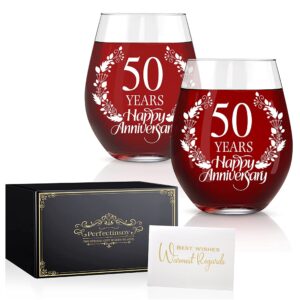 perfectinsoy 50 years happy anniversary wine glass set of 2, 50th anniversary wedding gift for mom, dad, wife, soulmate, couple, funny vintage unique personalized, 50 years gifts, wedding gifts