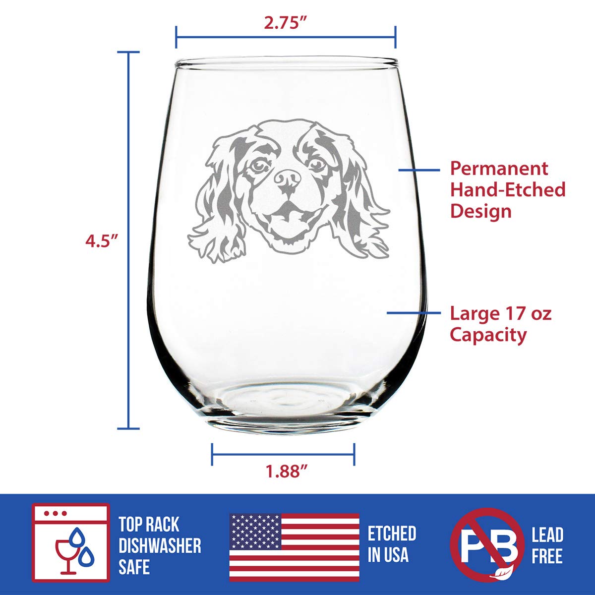 Cavalier King Charles Spaniel Stemless Wine Glass - Cute Dog Themed Decor and Gifts for Moms & Dads of Cavaliers - Large 17 Oz