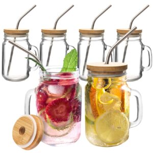 oamceg 6 pack mason jars with handle 16oz glass mason jar cups with lids and straws, large glass juice bottles, reusable wide mouth smoothie jars, old fashion mason jar cups for tea, iced coffee