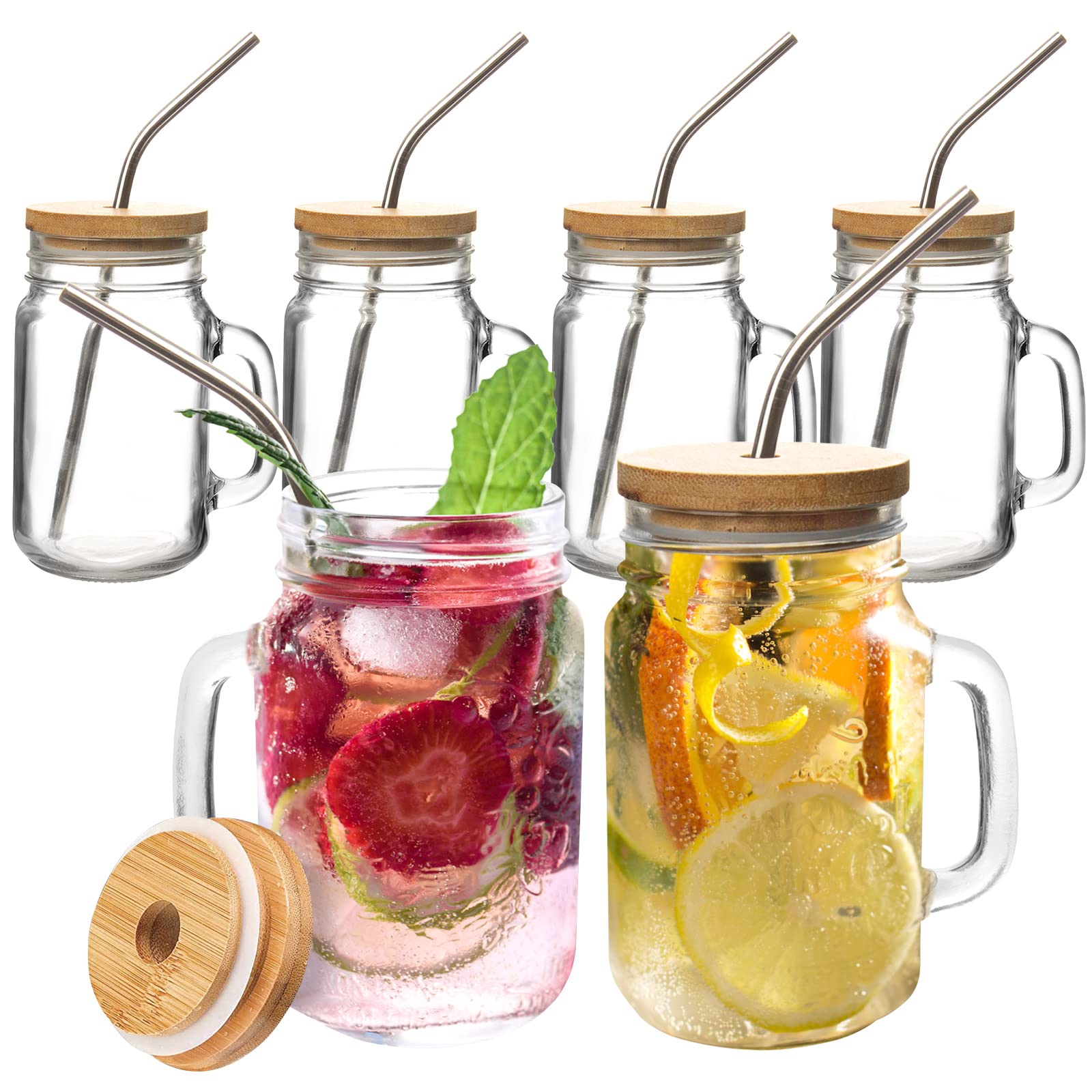 OAMCEG 6 Pack Mason Jars with Handle 16OZ Glass Mason Jar Cups with Lids and Straws, Large Glass Juice Bottles, Reusable Wide Mouth Smoothie Jars, Old Fashion Mason Jar Cups for Tea, Iced Coffee