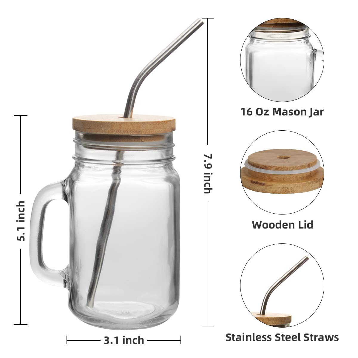 OAMCEG 6 Pack Mason Jars with Handle 16OZ Glass Mason Jar Cups with Lids and Straws, Large Glass Juice Bottles, Reusable Wide Mouth Smoothie Jars, Old Fashion Mason Jar Cups for Tea, Iced Coffee