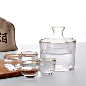 bollaer sake pot set, japanese cold sake glasses, clear unique trendy floating design, 1 sake carafe bottle 1 sake tank and 4 saki cups for cold/warm/hot sake, birthday housewarming gift set