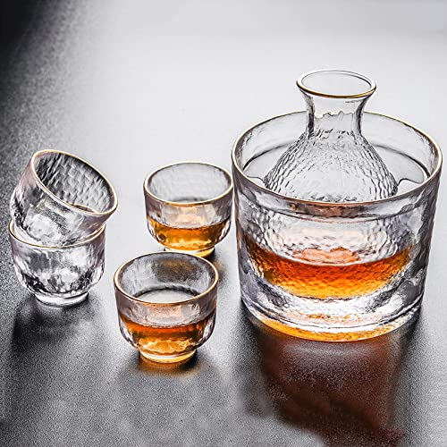 BOLLAER Sake Pot Set, Japanese Cold Sake Glasses, Clear Unique Trendy Floating Design, 1 Sake Carafe Bottle 1 Sake Tank and 4 Saki Cups for Cold/Warm/Hot Sake, Birthday Housewarming Gift Set