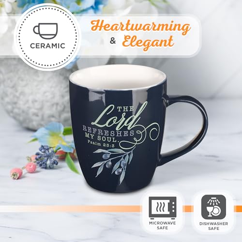 Christian Art Gifts Ceramic Coffee & Tea Mug 13 oz Microwave/Dishwasher Safe Scripture Mug for Women: The Lord Refreshes My Soul - Psalm 23:3 Inspirational Bible Verse with Olive Branch