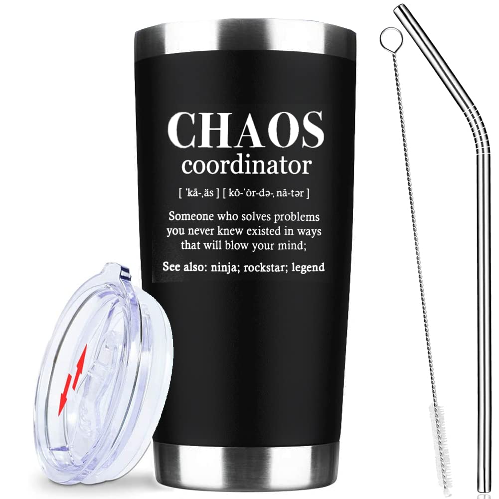 ATHAND Office Gifts For Men,Chaos Coordinator Tumbler With Lid Straw,20 oz Stainless Steel Coworker Coffee Mugs Gifts For Men,Novelty Fathers Day Birthday Gifts Idea for Dad (Black)