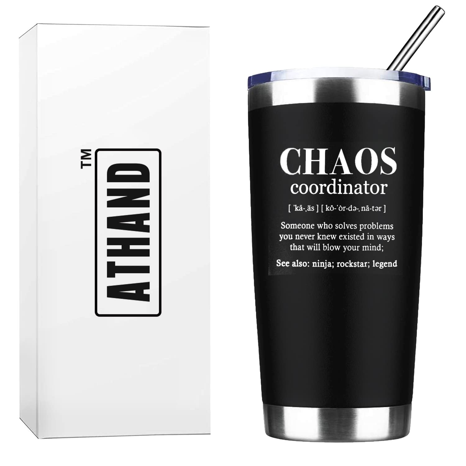 ATHAND Office Gifts For Men,Chaos Coordinator Tumbler With Lid Straw,20 oz Stainless Steel Coworker Coffee Mugs Gifts For Men,Novelty Fathers Day Birthday Gifts Idea for Dad (Black)