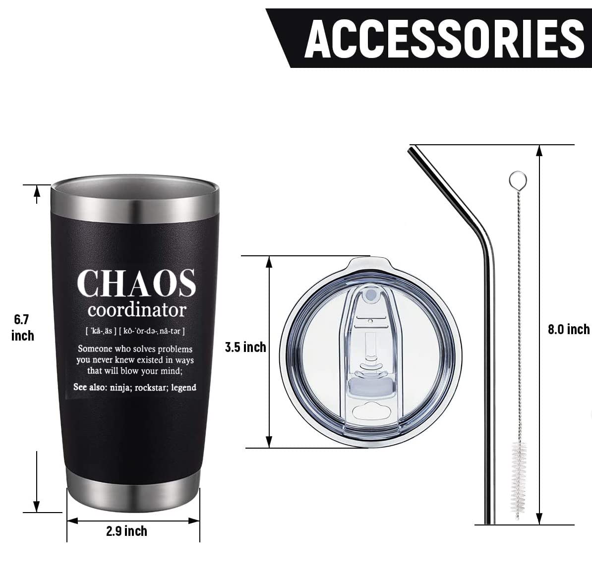 ATHAND Office Gifts For Men,Chaos Coordinator Tumbler With Lid Straw,20 oz Stainless Steel Coworker Coffee Mugs Gifts For Men,Novelty Fathers Day Birthday Gifts Idea for Dad (Black)